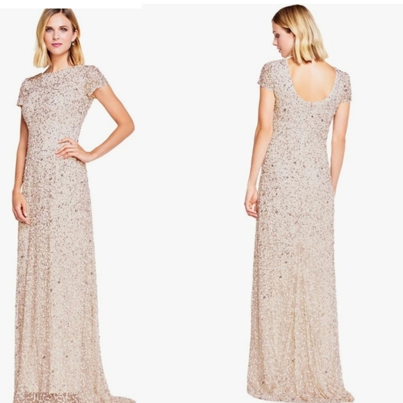 NWT Adrianna Papell Women's Short-Sleeve All Over Sequin Gown Blush Sz 6 - Picture 1 of 11